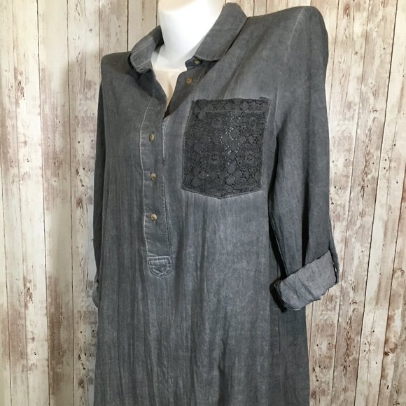 Umgee Tunic Top Shirt Blouse Lace Roll Tab Sleeves - Picture 2 of 9